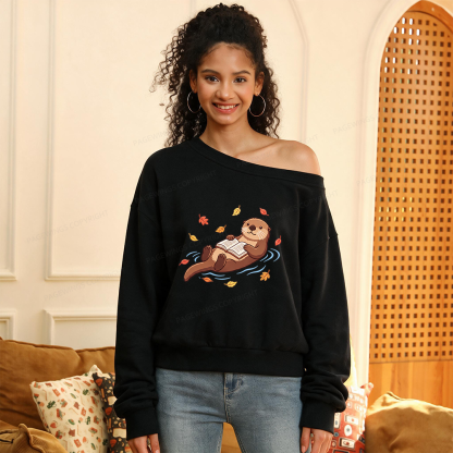 Pagewings Otter Reading Book Women Off Shoulder Sweatshirt