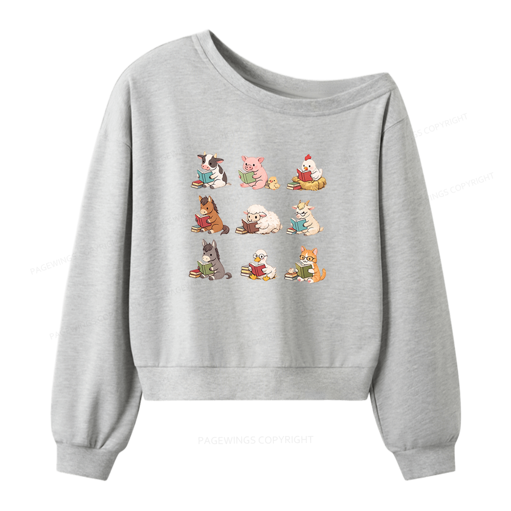 Pagewing Farm Animals Reading Women Off Shoulder Sweatshirt