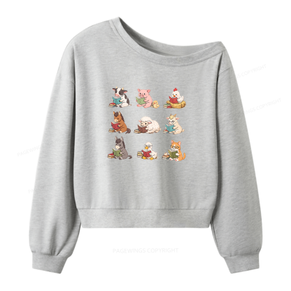 Pagewing Farm Animals Reading Women Off Shoulder Sweatshirt