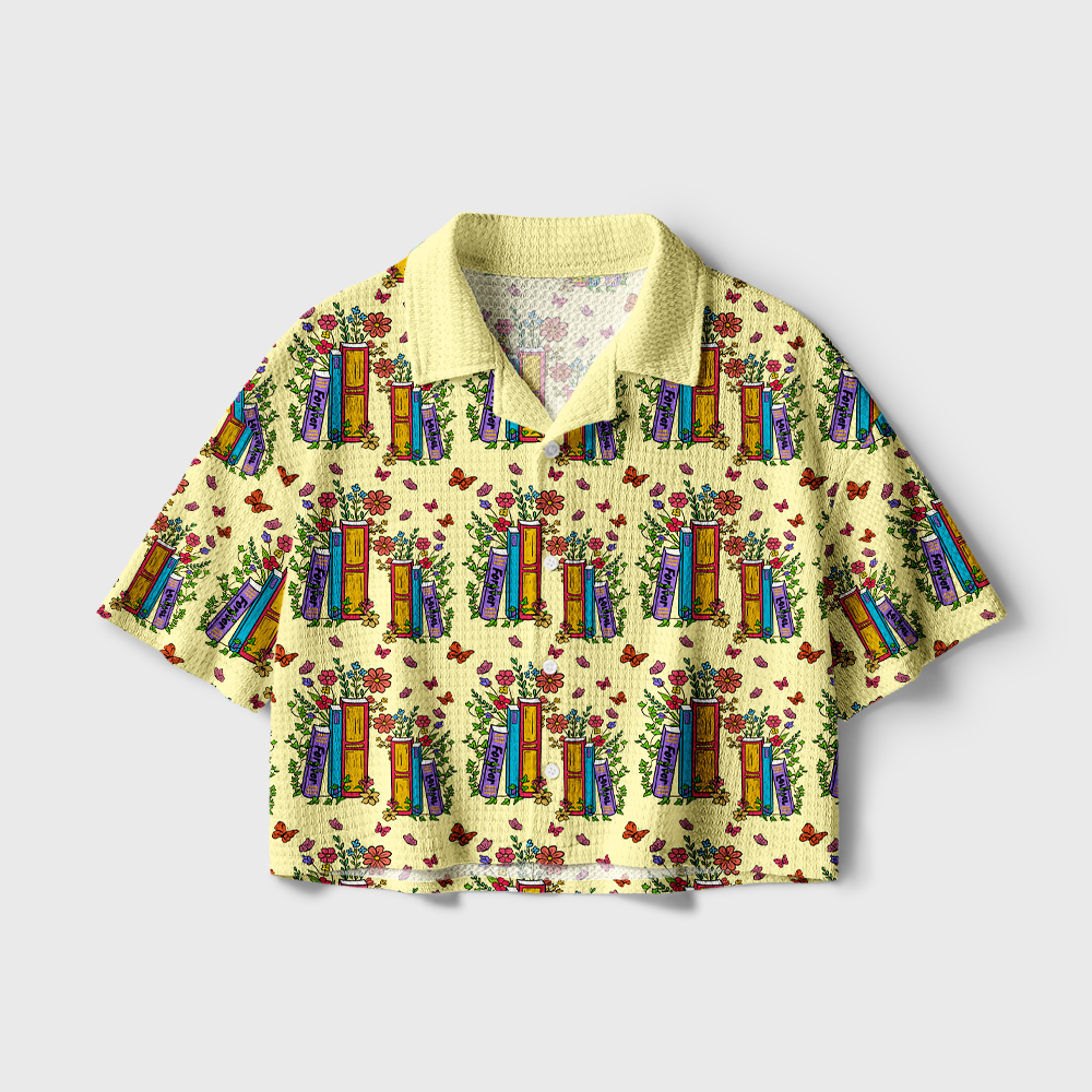 Pagewings Whimsical Bookshelf Floral Camp Collar Boxy Fit Unisex Crochet Shirt