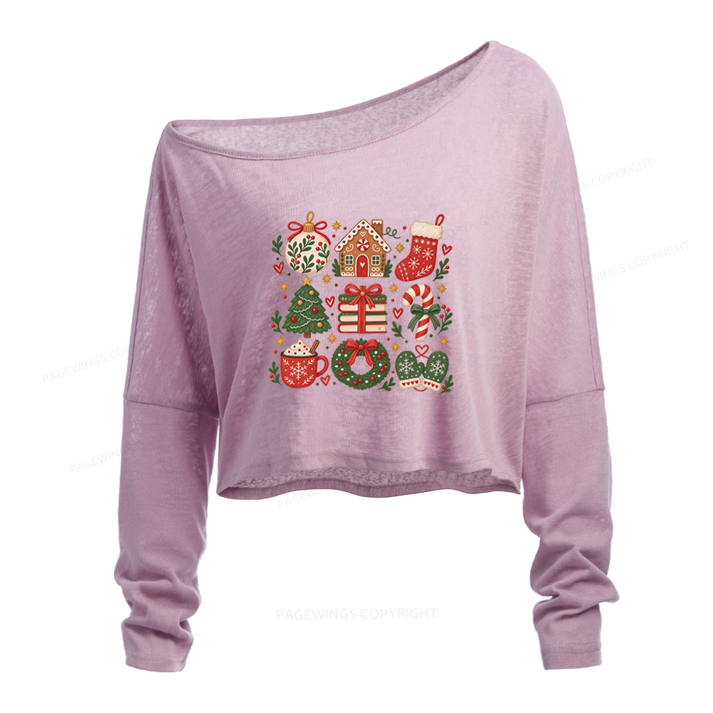 Pagewings Christmas Gift Slouchy Long Sleeve Off Shoulder T-shirt