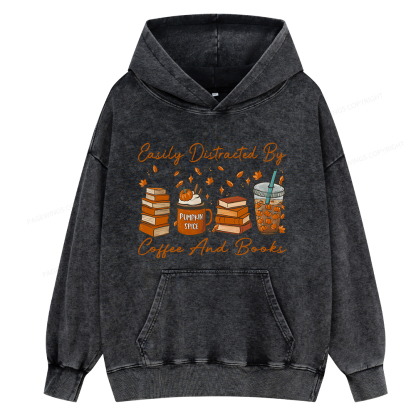 Pagewings Easily Distracted By Coffee And Books Unisex Washed Hoodie