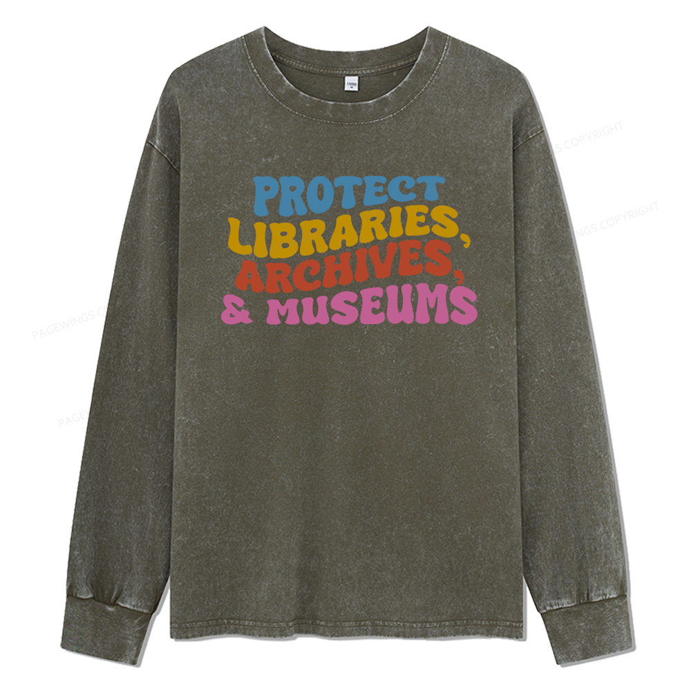 Pagewings Protect Libraries Archives And Museums Unisex Washed Long Sleeve T-shirt