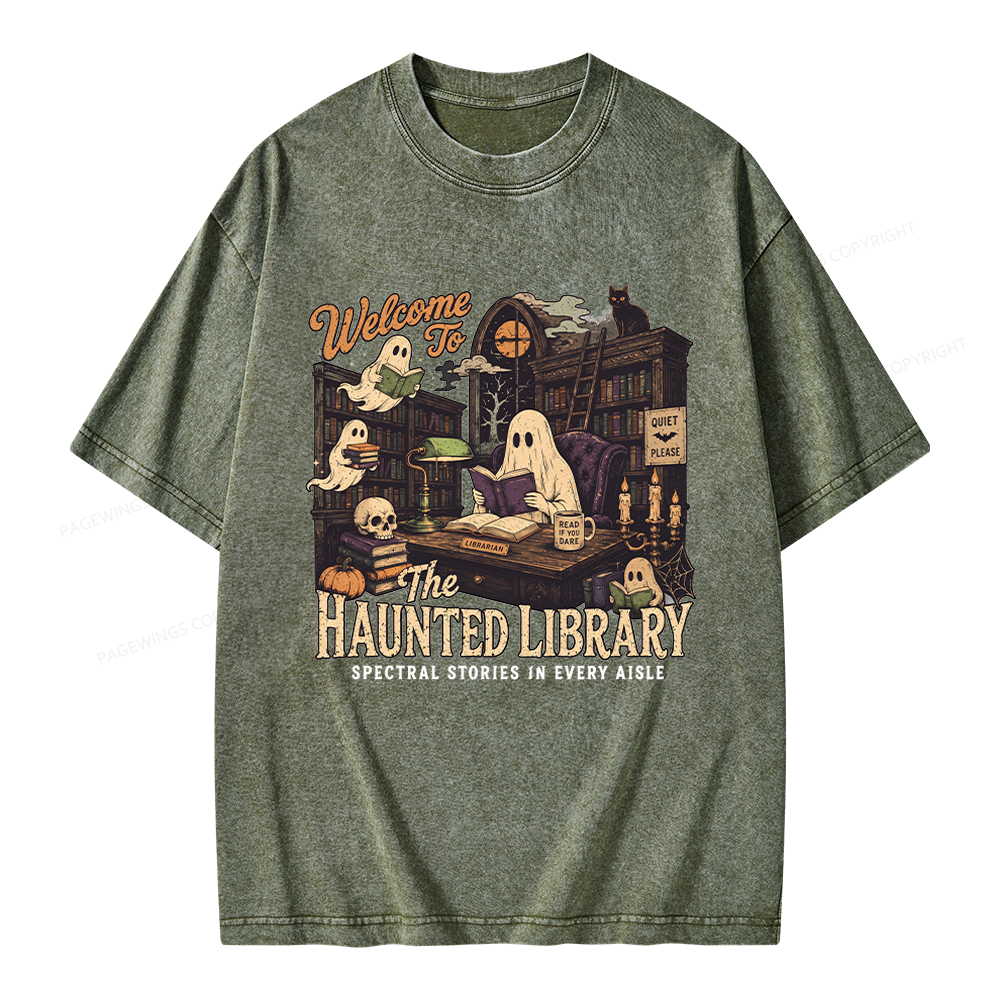 Pagewings Haunted Library Unisex Washed T-shirt