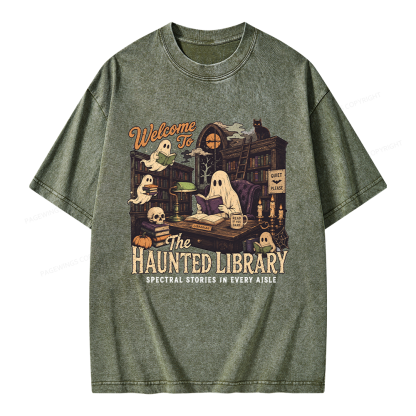 Pagewings Haunted Library Unisex Washed T-shirt