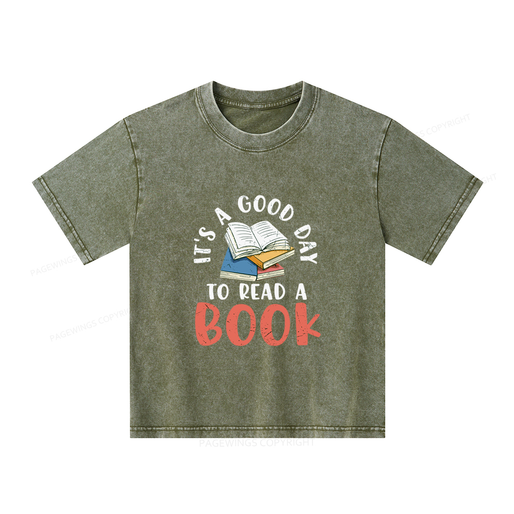Pagewings It’s a Good Day to Read a Book Unisex Kids Washed T-shirt