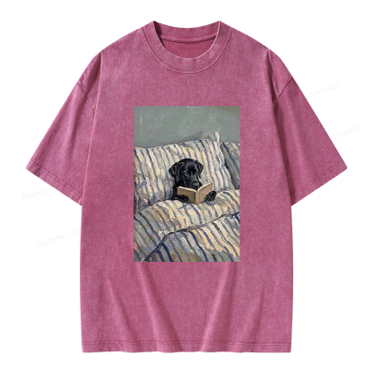 Pagewings Dog Reading in Bed Unisex Washed T-shirt