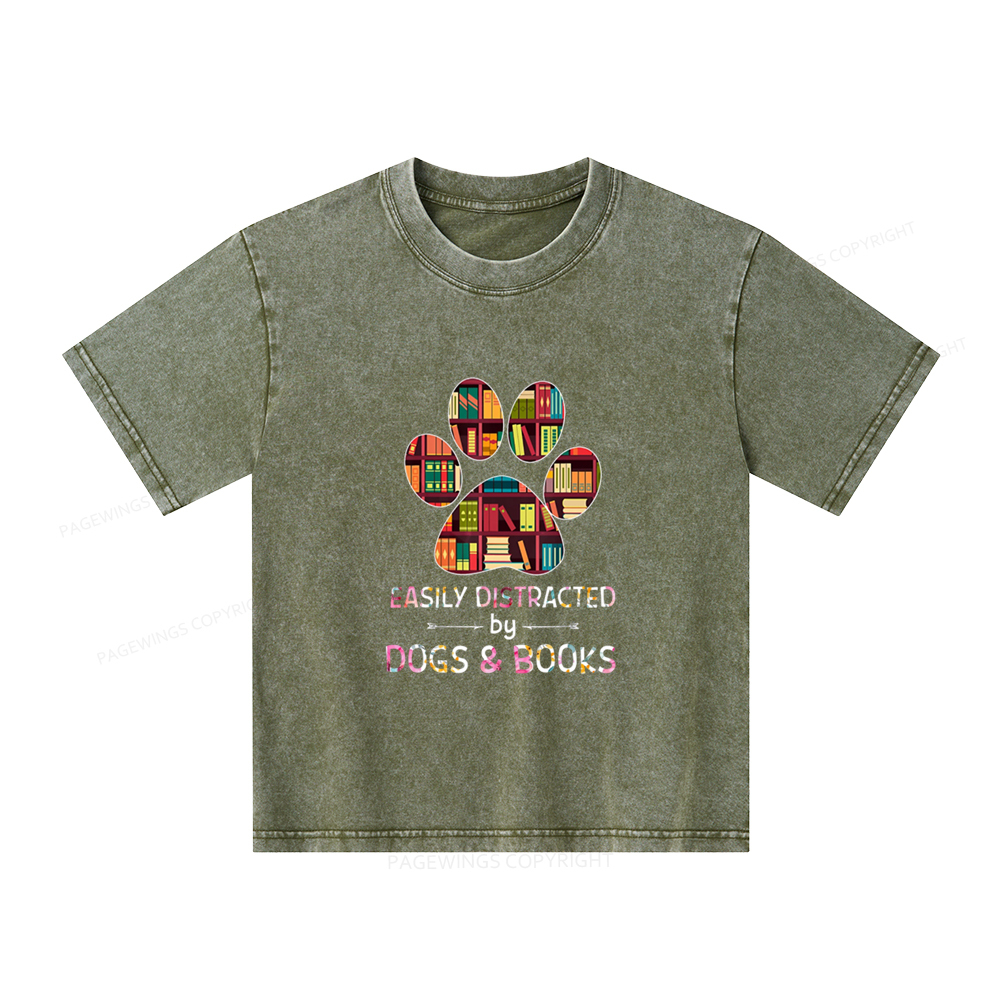 Pagewings Easily Distracted By Dogs And Books Unisex Kids Washed T-shirt