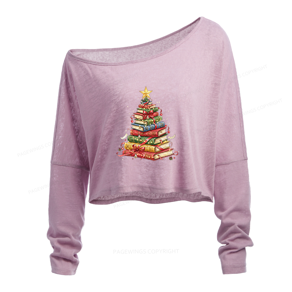 Pagewings Christmas Tree Made of Books Slouchy Long Sleeve Off Shoulder T-shirt