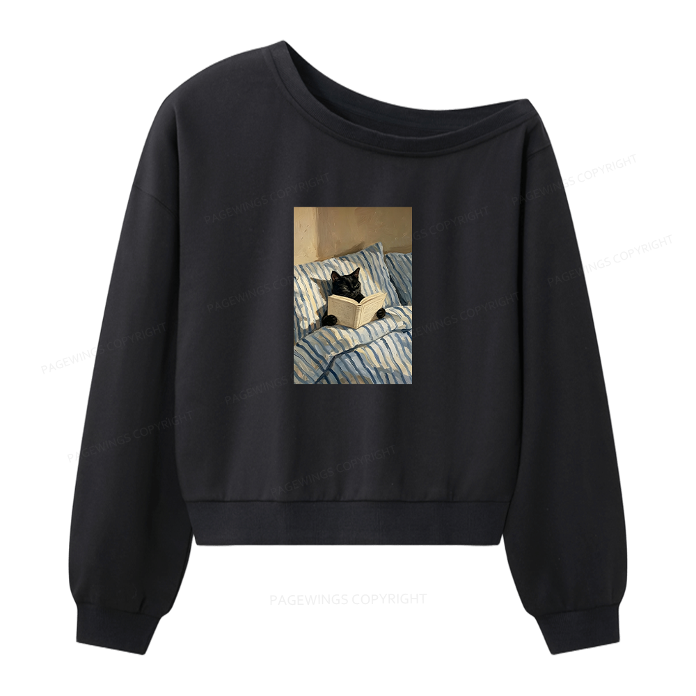Pagewings Black Cat Reading in Bed Women Off Shoulder Sweatshirt