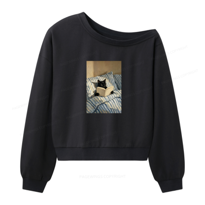 Pagewings Black Cat Reading in Bed Women Off Shoulder Sweatshirt