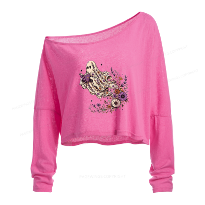 Pagewings Wildflower Ghost Slouchy Long Sleeve Off Shoulder T-shirt