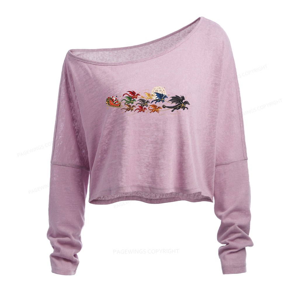 Pagewings Christmas Dragon Bookish Slouchy Long Sleeve Off Shoulder T-shirt
