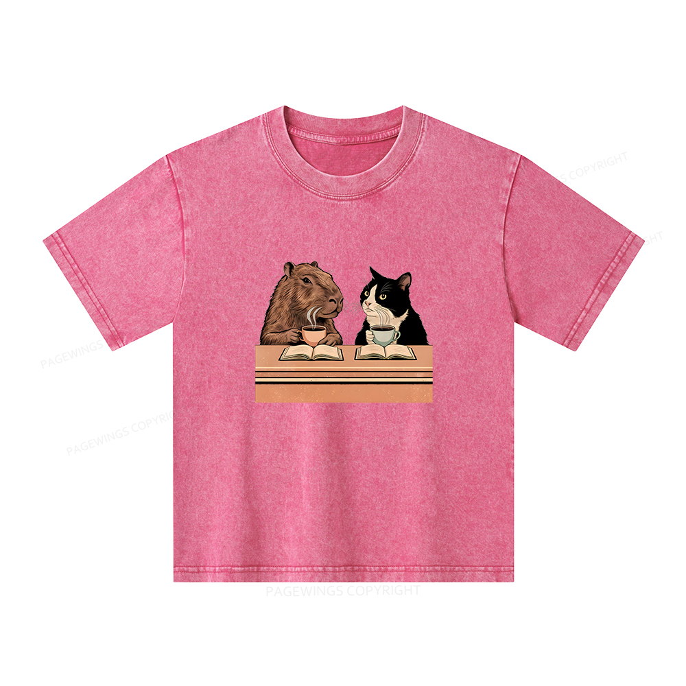 Pagewings Capybara and Tuxedo Cat Chilling with Coffee Unisex Kids Washed T-shirt