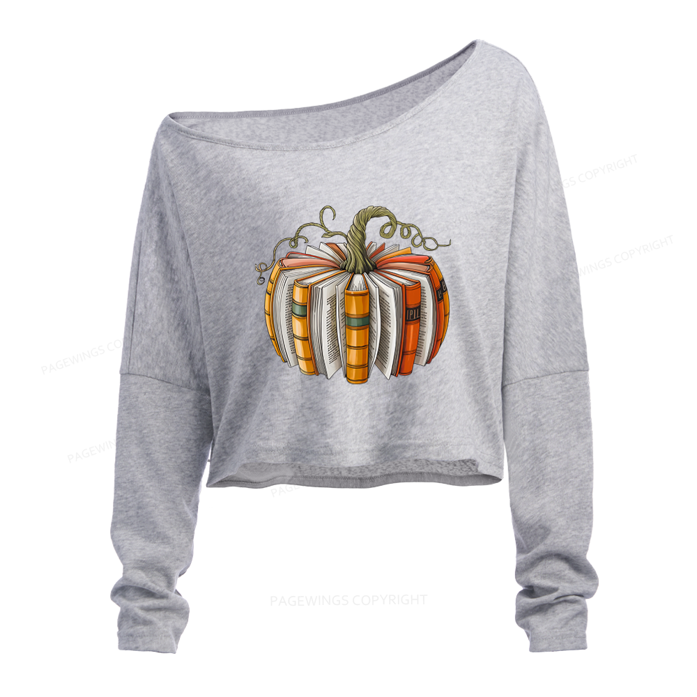 Pagewings Fall Book Pumpkin Slouchy Long Sleeve Off Shoulder T-shirt