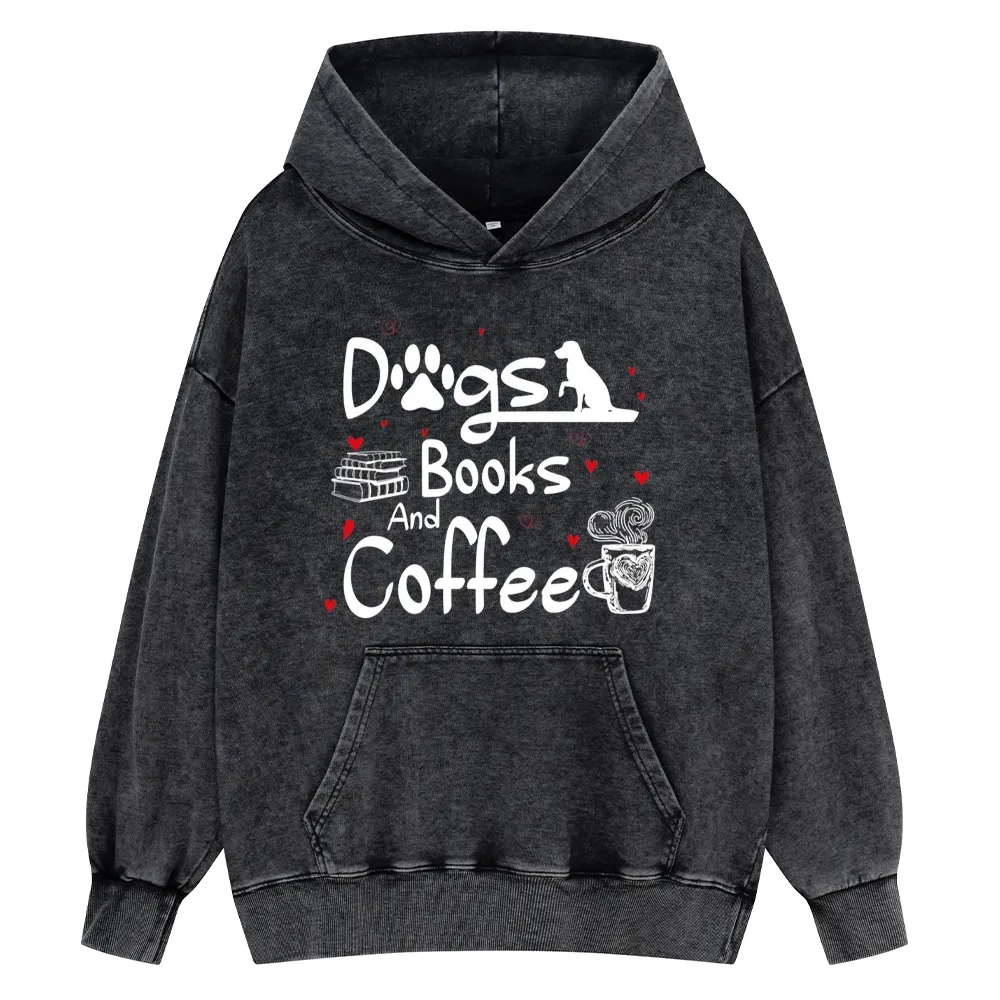 Pagewings Dogs Books And Coffee Unisex Washed Hoodie