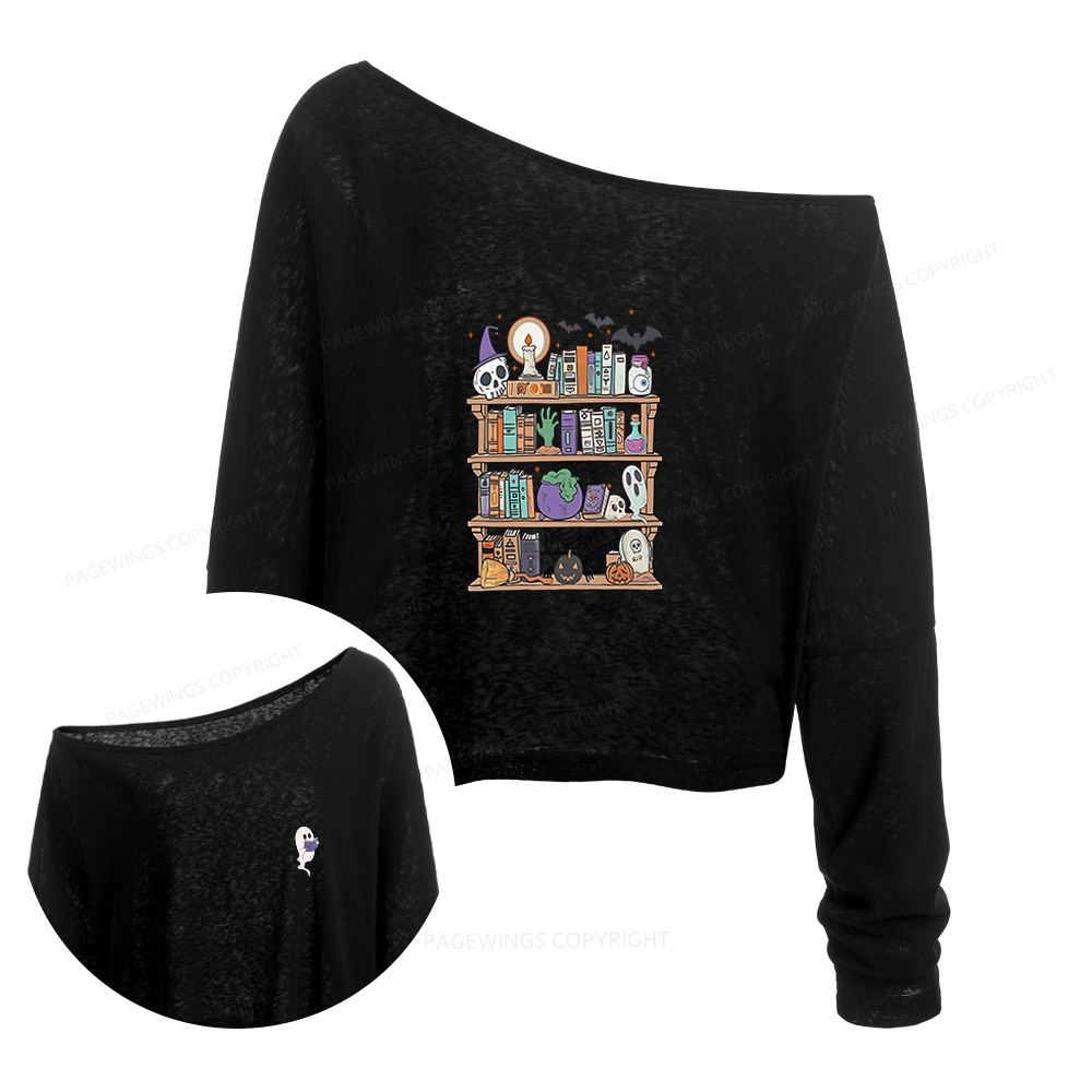 Pagewings Ghost Book Reader Halloween Slouchy Long Sleeve Off Shoulder T-shirt