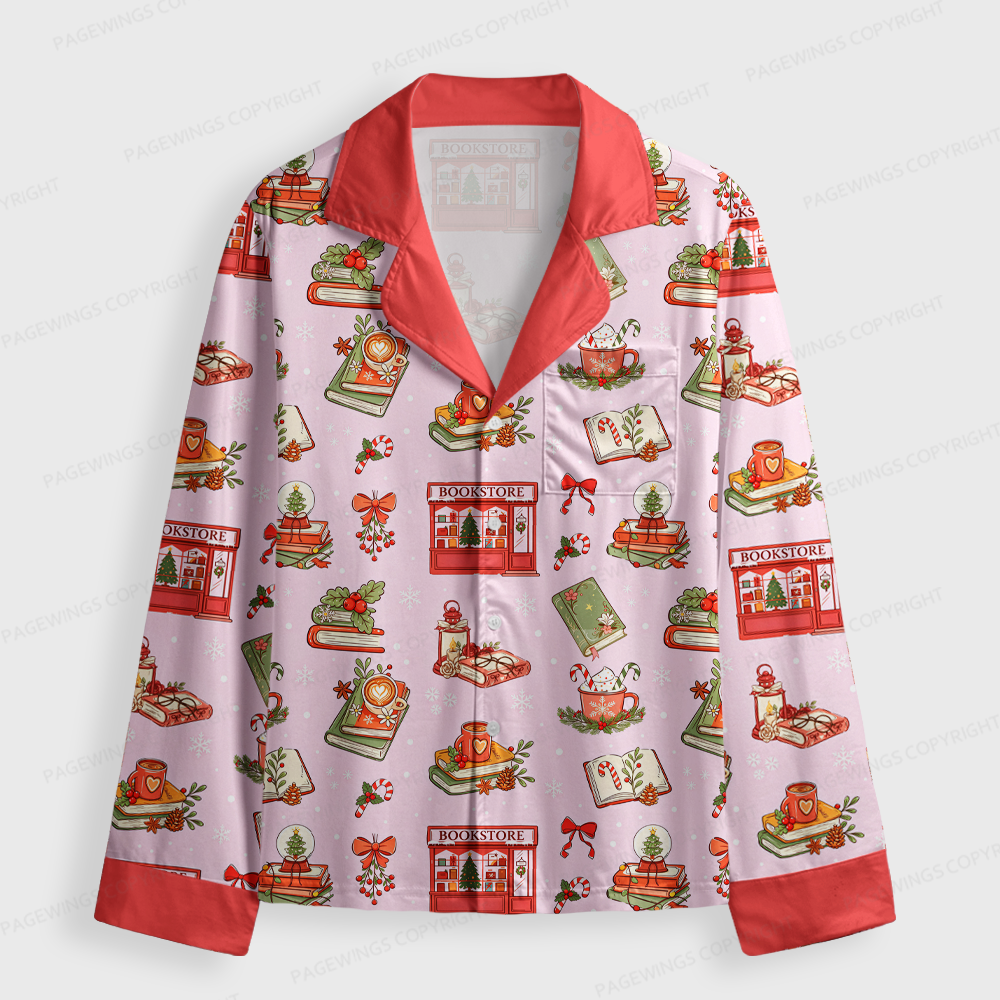 Pagewings Christmas Book Store Unisex Button-Up Pajama Set