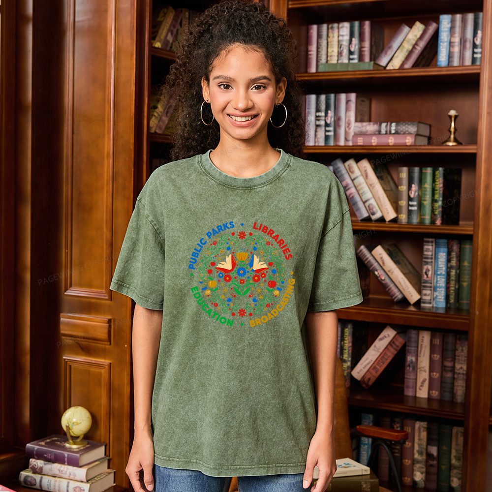 Pagewings Public Parks Libraries Education Broadcasting Unisex Washed T-shirt