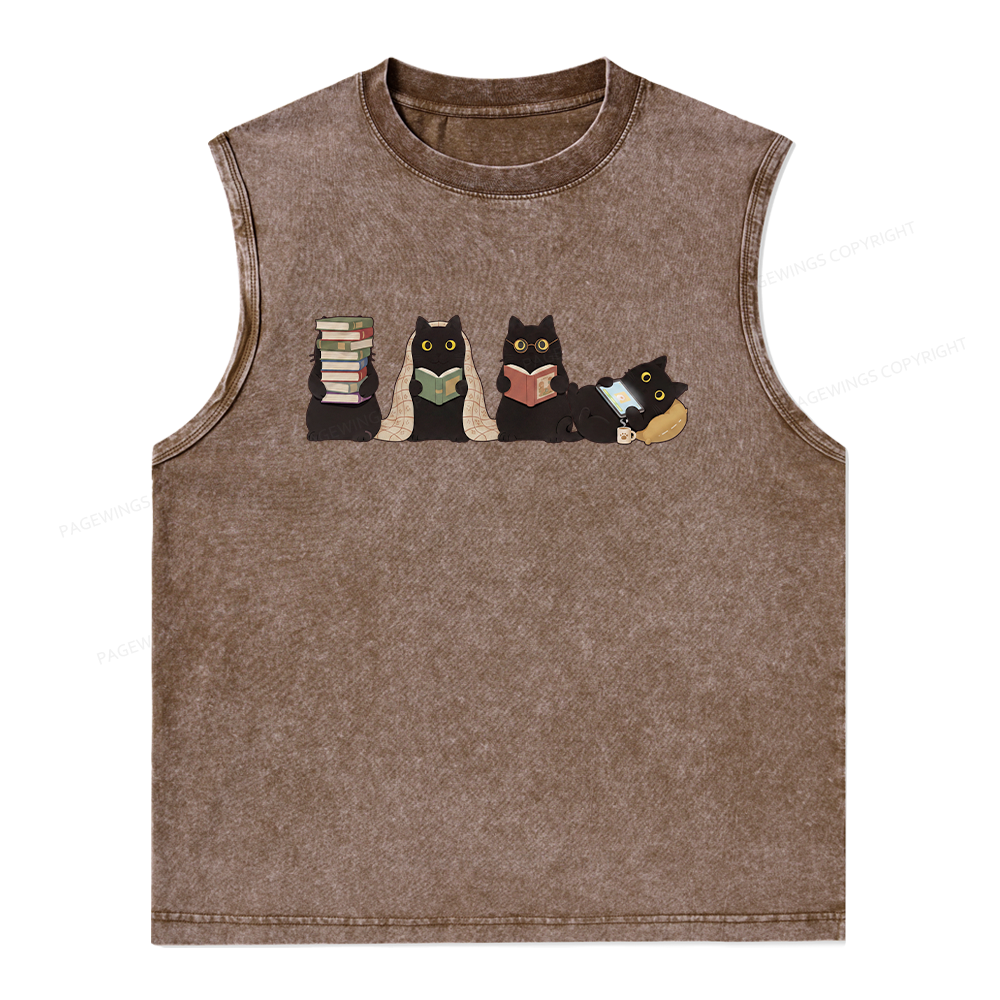 Pagewings Black Cats Reading Unisex Washed T-shirt Unisex Washed Tank Top
