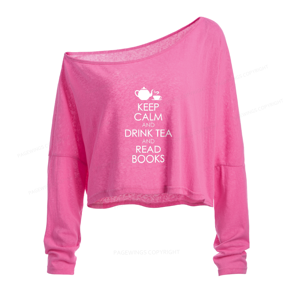 Pagewings Drink Tea Read Books Slouchy Long Sleeve Off Shoulder T-shirt