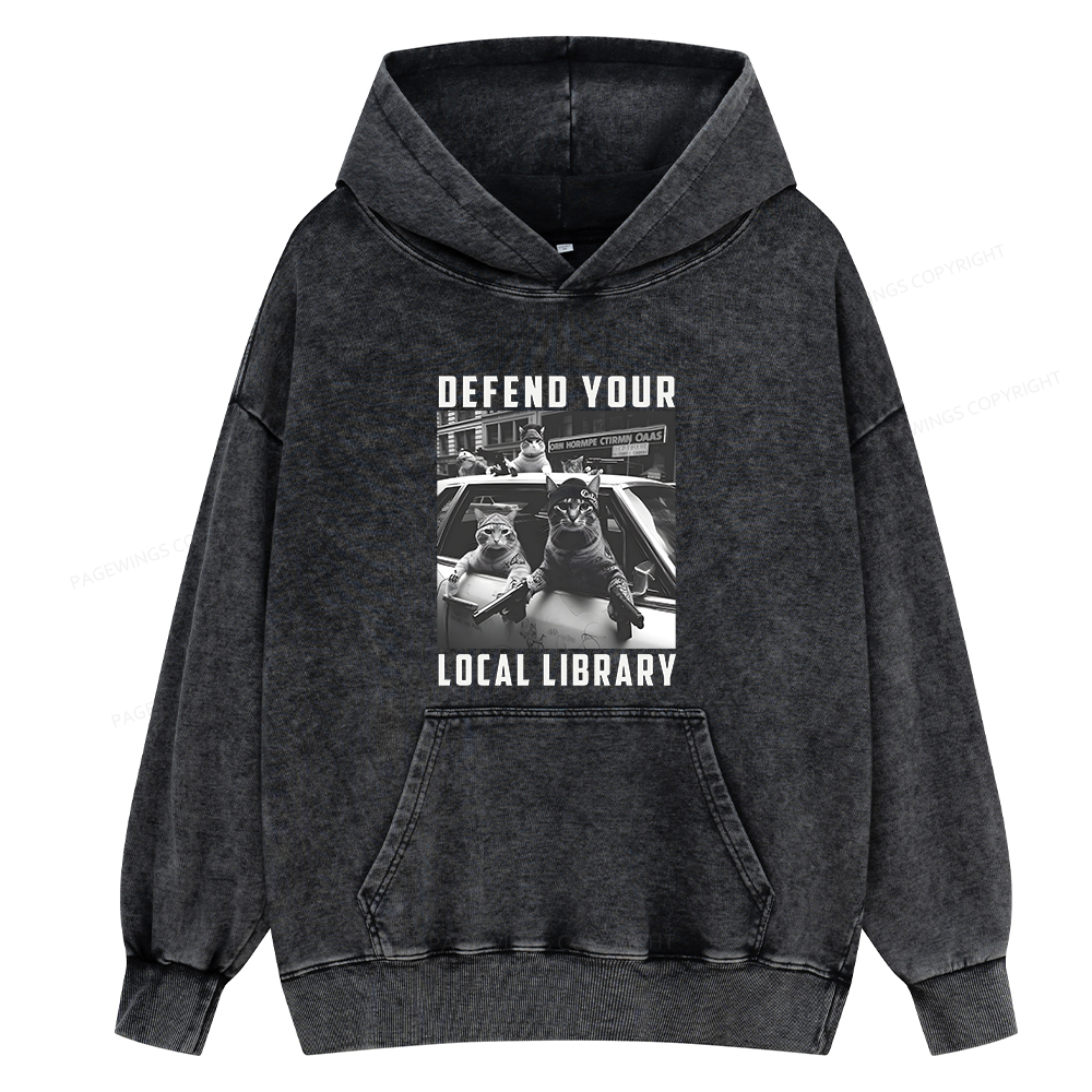 Pagewings Defend Your Local Library Unisex Washed Hoodie