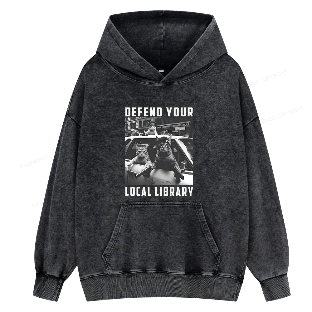Pagewings Defend Your Local Library Unisex Washed Hoodie