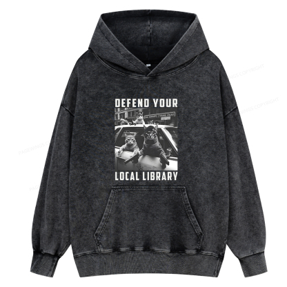 Pagewings Defend Your Local Library Unisex Washed Hoodie