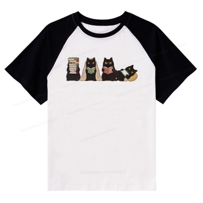 Pagewings Black Cats Reading Raglan T-shirt