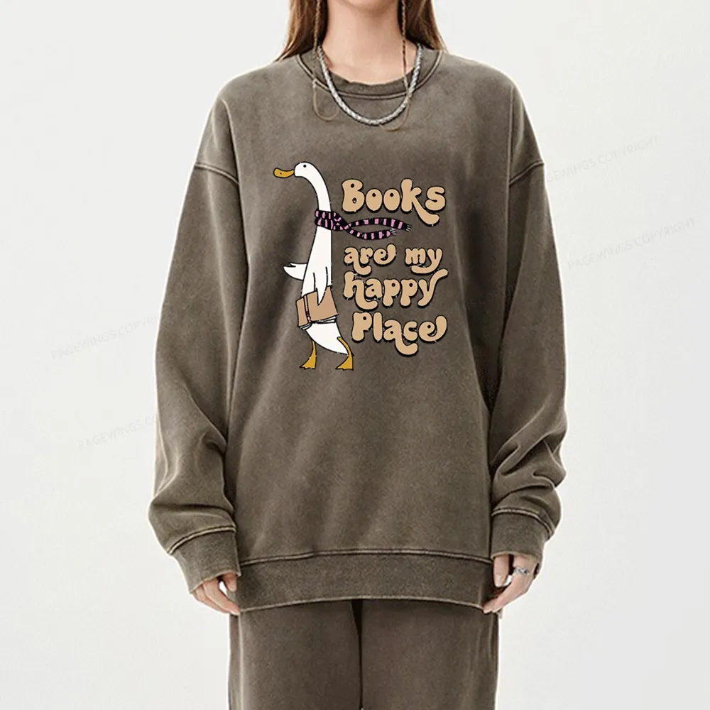 Pagewings Books Are My Happy Place Unisex Washed Sweatshirt