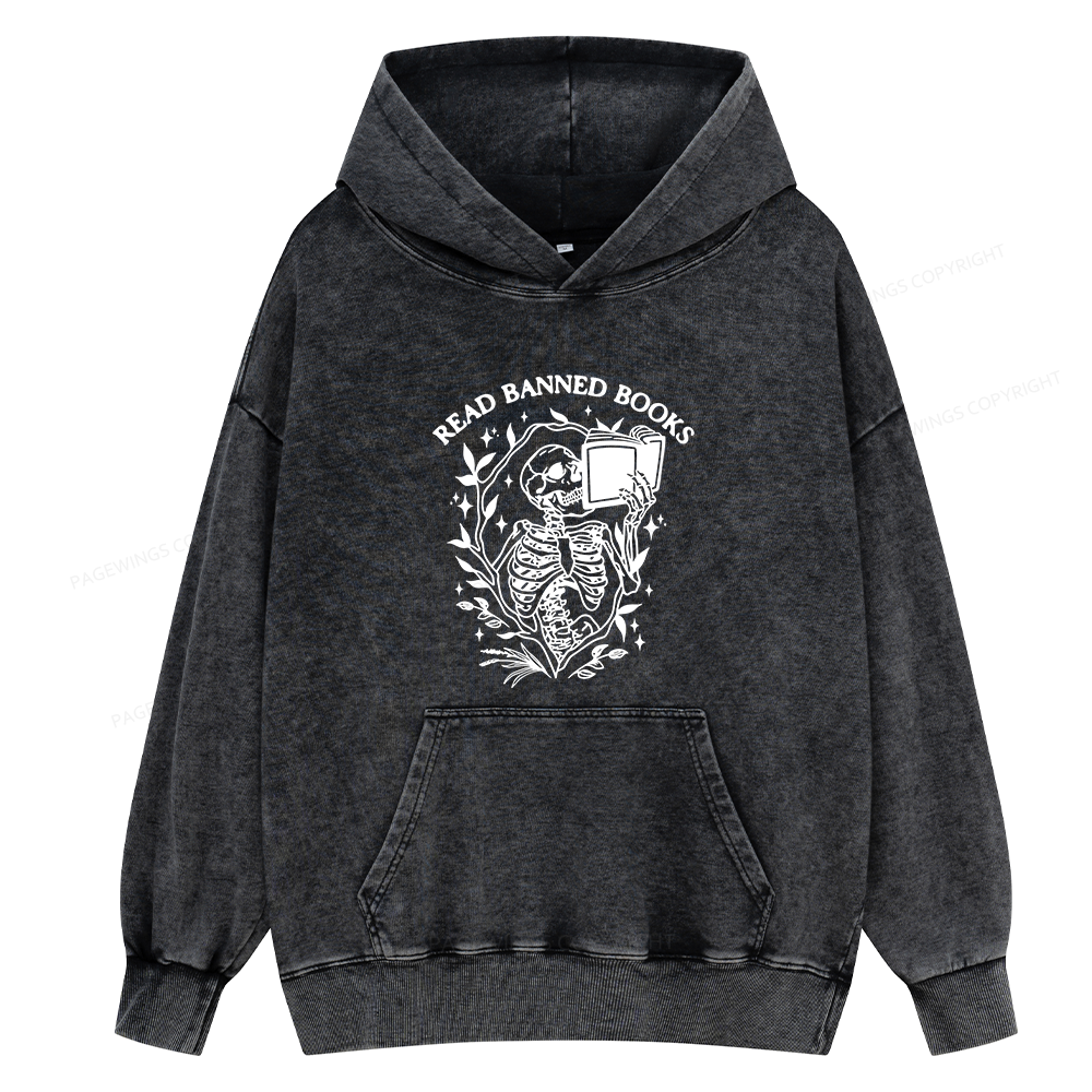 Pagewings Read Banned Books Skeleton Unisex Washed Hoodie