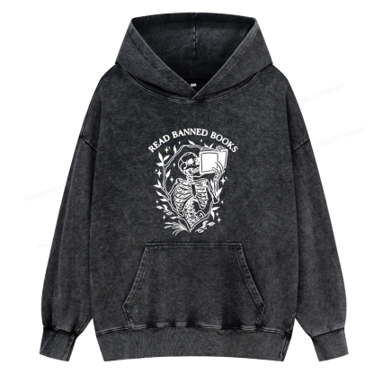 Pagewings Read Banned Books Skeleton Unisex Washed Hoodie
