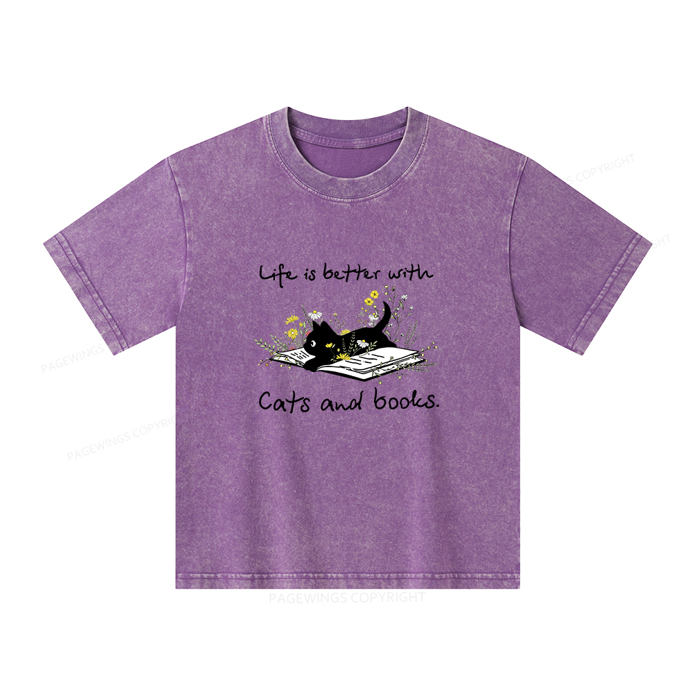 Pagewings Life Is Better With Cats And Books Unisex Kids Washed T-shirt