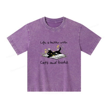 Pagewings Life Is Better With Cats And Books Unisex Kids Washed T-shirt