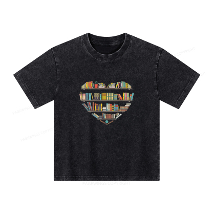 Pagewings Heart Bookshelves Unisex Kids Washed T-shirt