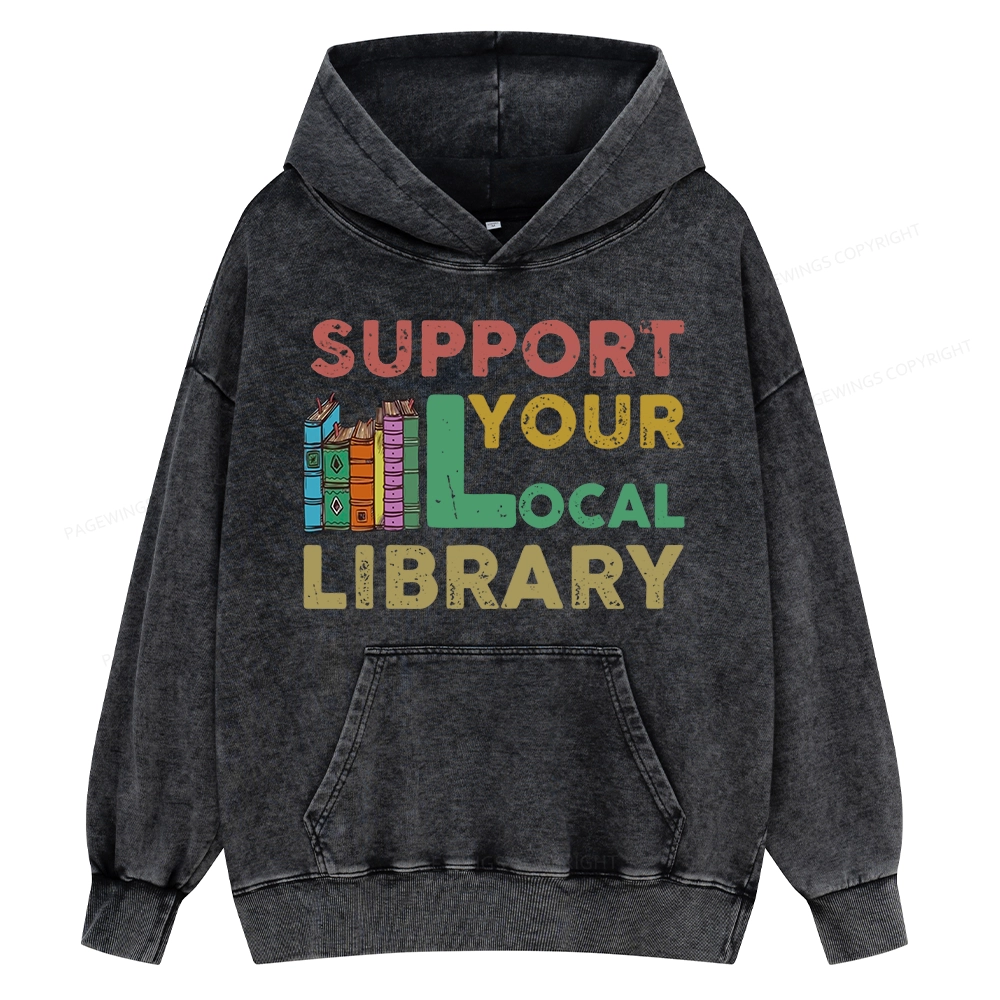 Pagewings Support Your Local Library Unisex Washed Hoodie
