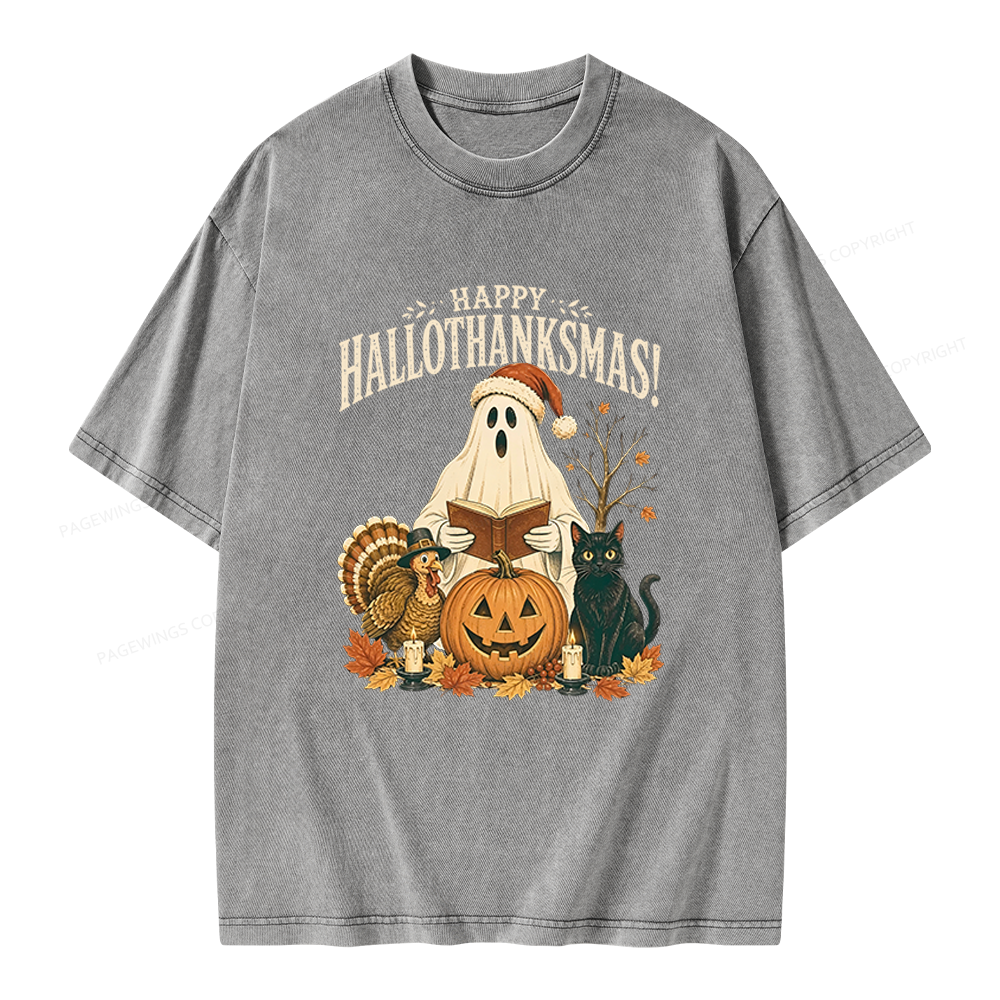 Pagewings Happy Hallothanksmas Unisex Washed T-shirt