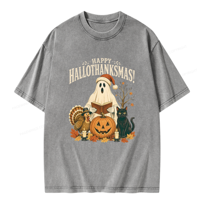 Pagewings Happy Hallothanksmas Unisex Washed T-shirt