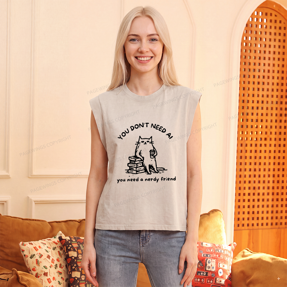 Pagewings Funny Cat Doodle Anti AI Women's Washed Tank Top