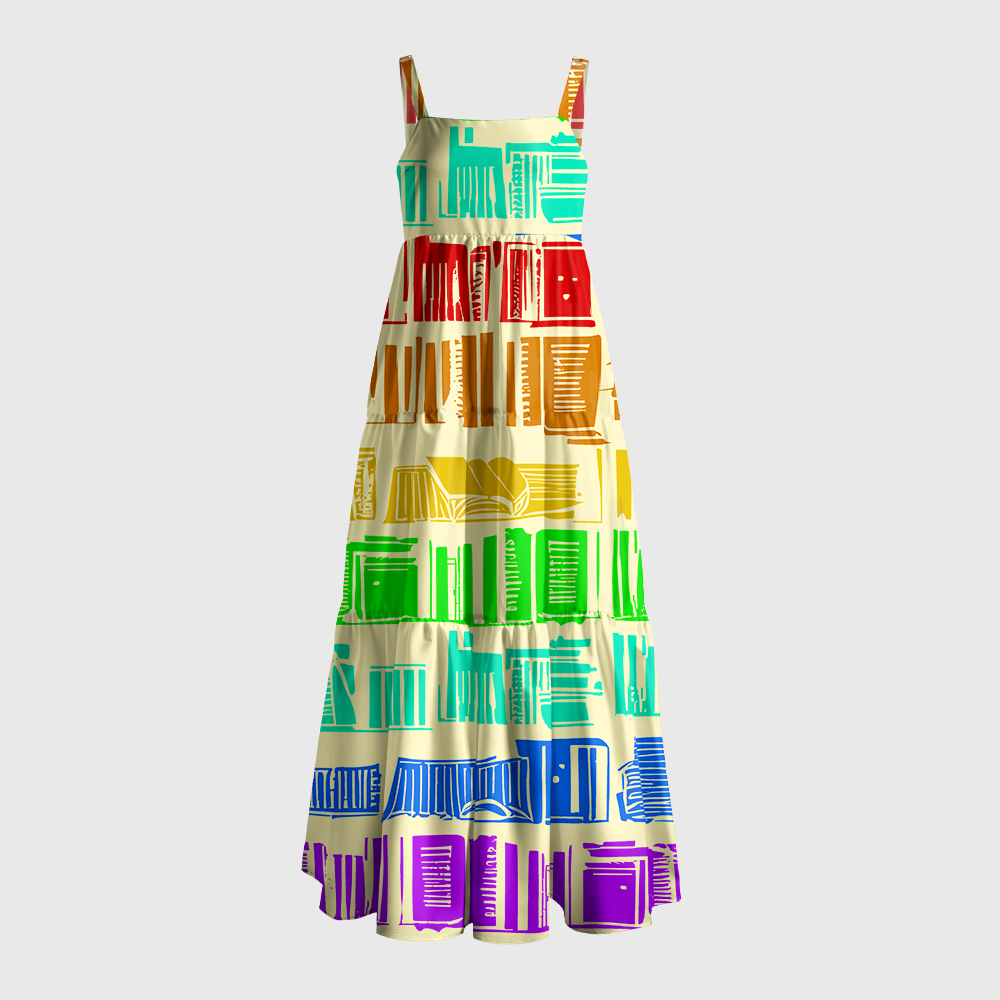 Pagewings Square Neck Rainbow Bookshelf Maxi Dress