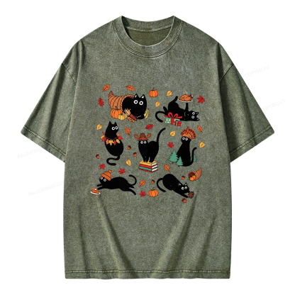 Pagewings Thanksgiving Cat Unisex Washed T-shirt