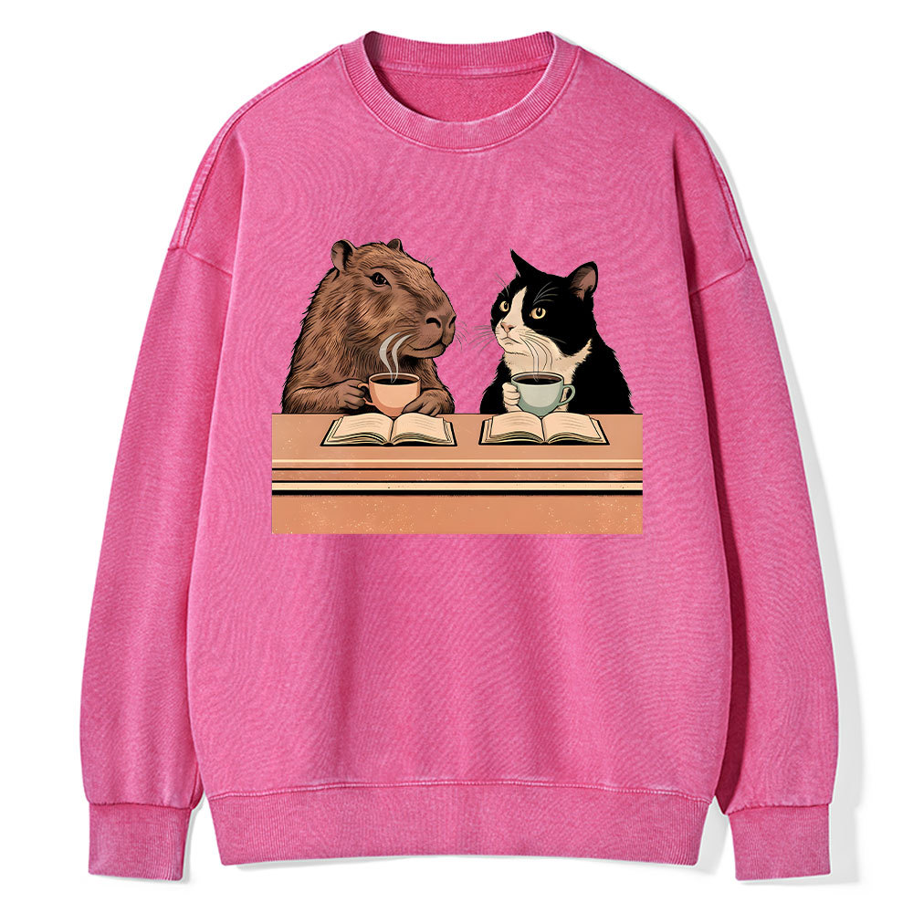 Pagewings Capybara and Tuxedo Cat Chilling with Coffee Unisex Washed S