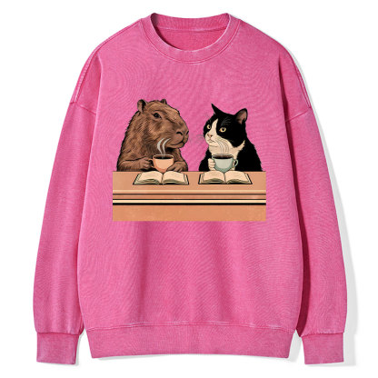 Pagewings Capybara and Tuxedo Cat Chilling with Coffee Unisex Washed Sweatshirt