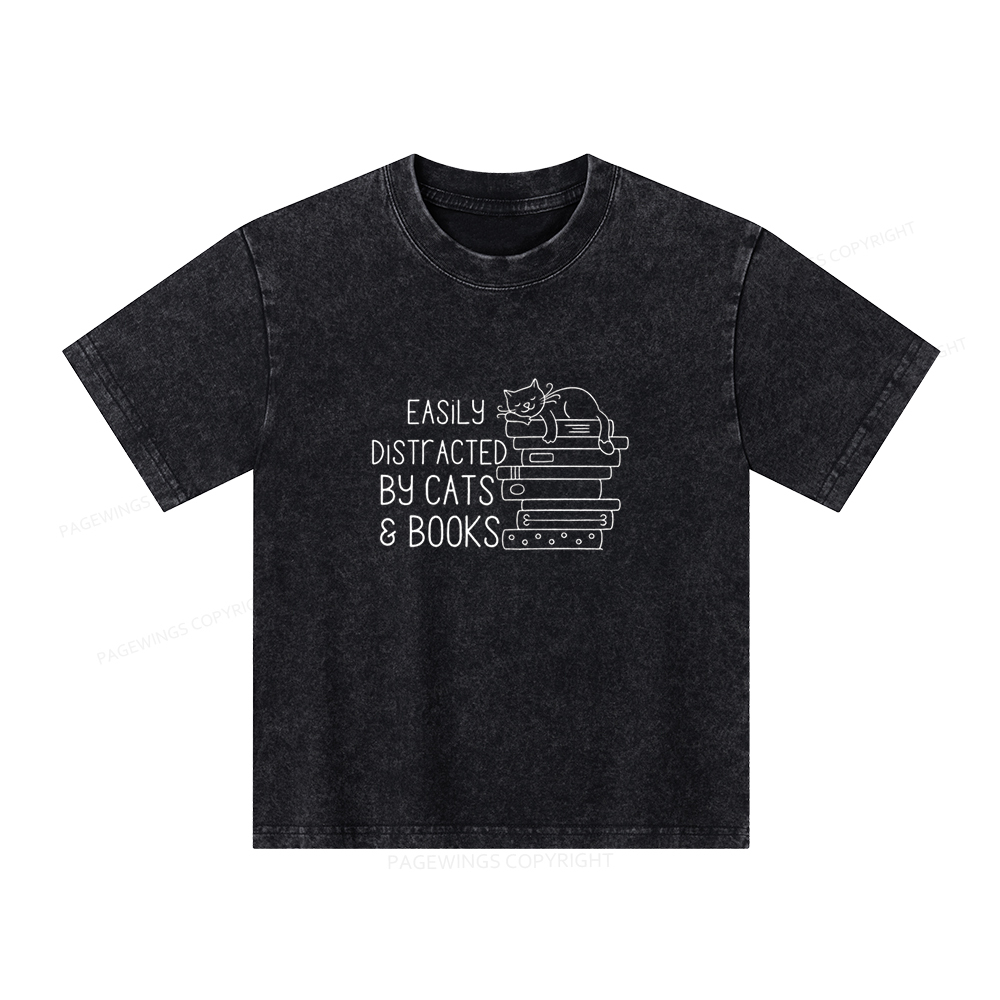 Pagewings Easily Distracted By Cats and Books Unisex Kids Washed T-shirt