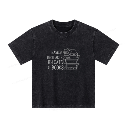 Pagewings Easily Distracted By Cats and Books Unisex Kids Washed T-shirt