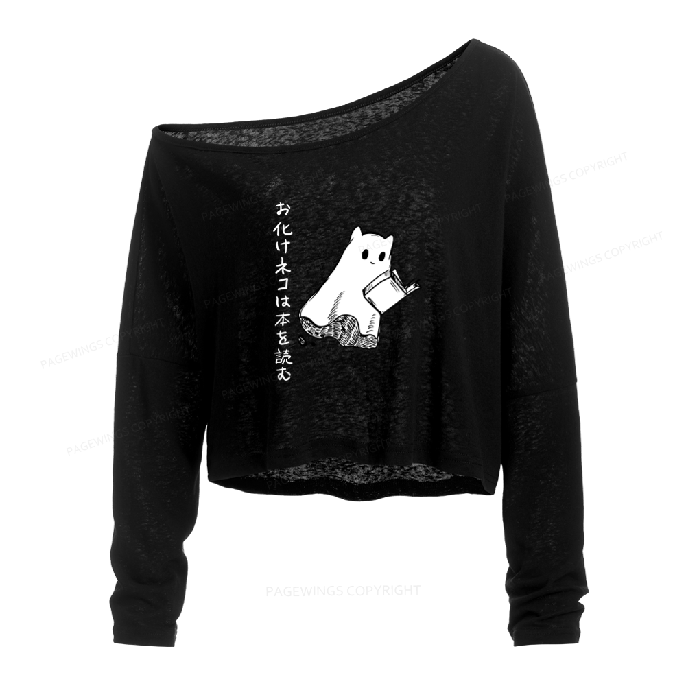 Pagewings Japanese Ghost Cat Reads a Book on Men's Premium Slouchy Long Sleeve Off Shoulder T-shirt