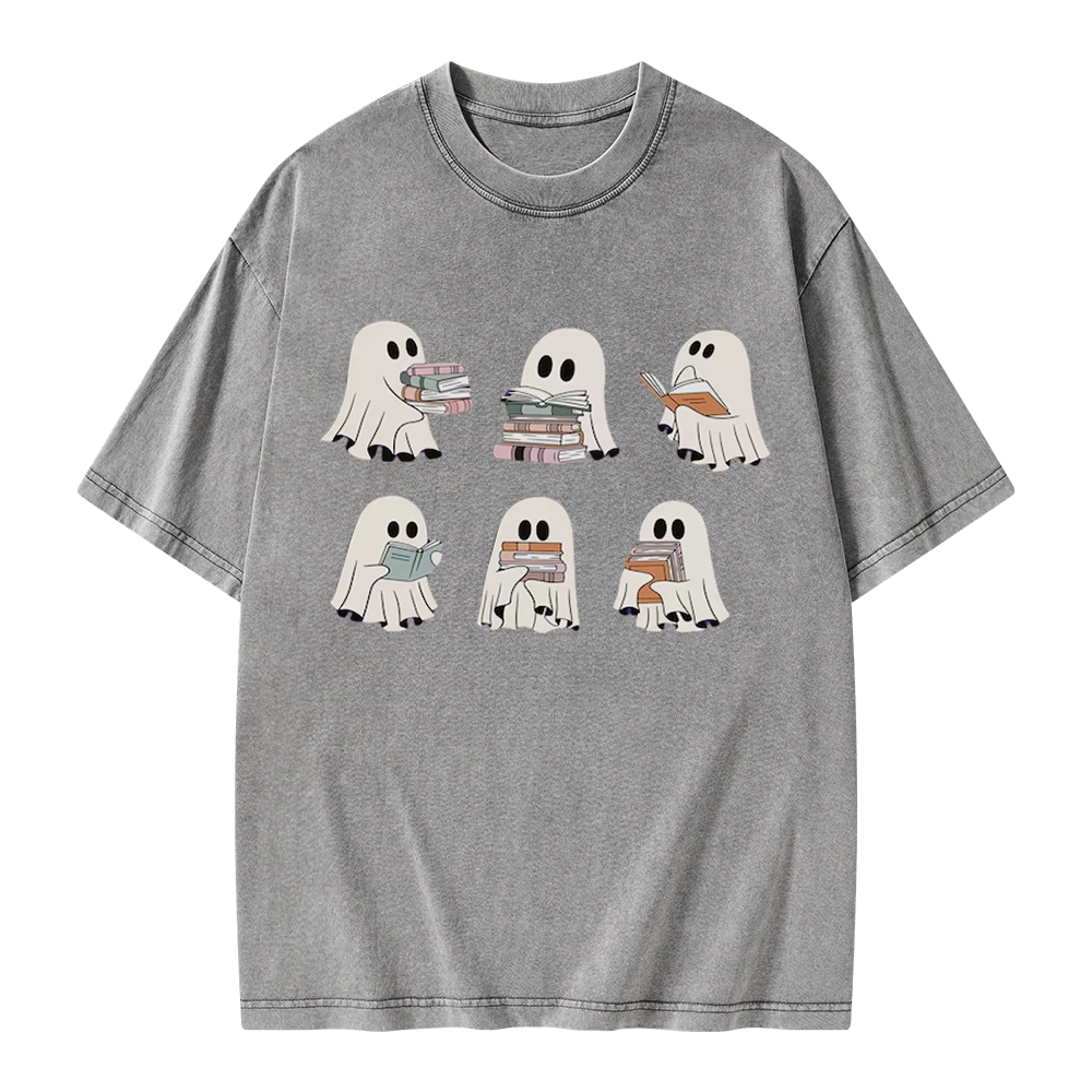 Pagewings Ghost Reading Halloween Unisex Washed T-shirt