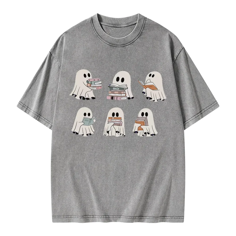Pagewings Ghost Reading Halloween Unisex Washed T-shirt