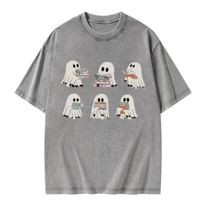 Pagewings Ghost Reading Halloween Unisex Washed T-shirt