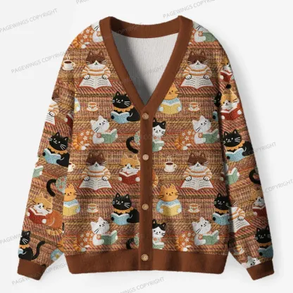 Pagewings Cats And Reading Unisex Ugly Cardigan Sweaters